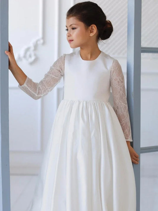 Vestidos de fiesta de cumpleaños personalizados para niña de las flores, con apliques de satén blanco y lazo, de manga larga para boda. 