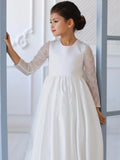 Birthday Evening Banquet Gowns Customized Flower Girl Dresses White Satin Appliques With Bow Long Sleeve For Wedding
