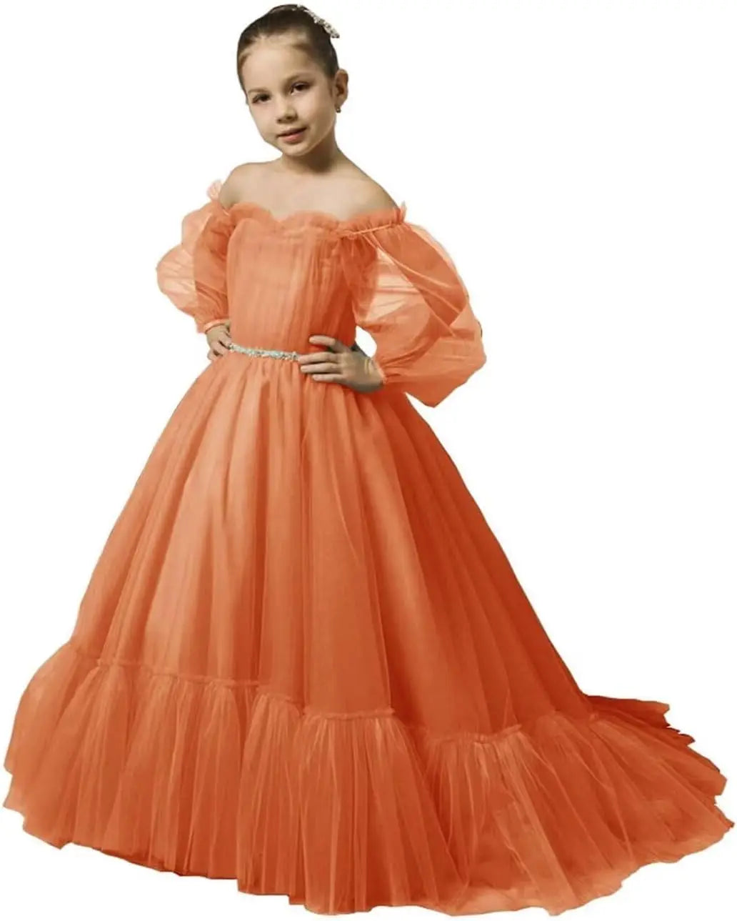 Vestidos de niña de las flores con mangas abullonadas para boda, vestidos de desfile de tul con hombros descubiertos, vestido de línea A para niña pequeña con cinturón, vestido para niña bebé 