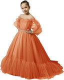 Vestidos de niña de las flores con mangas abullonadas para boda, vestidos de desfile de tul con hombros descubiertos, vestido de línea A para niña pequeña con cinturón, vestido para niña bebé 