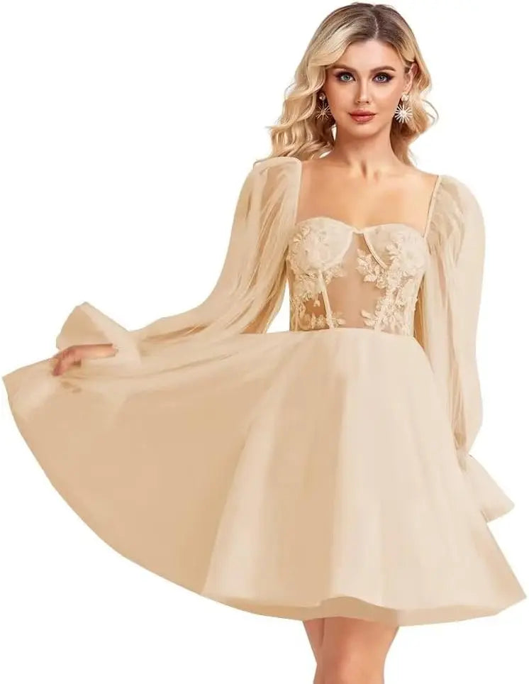 Langärmliges Tüll-Heimkehrkleid, kurzes Brautkleid, herzförmiger Ausschnitt, Spitzenapplikation, Ballkleider für Teenager, Cocktailkleid 