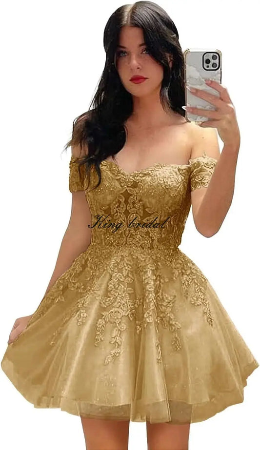 Hübsches kurzes Heimkehrkleid mit Spitzenapplikation für Teenager, glitzernder Tüll, schulterfrei, formelles Abschlussball-Cocktailkleid, Clubkleid 