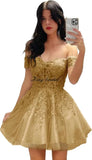 Hübsches kurzes Heimkehrkleid mit Spitzenapplikation für Teenager, glitzernder Tüll, schulterfrei, formelles Abschlussball-Cocktailkleid, Clubkleid 