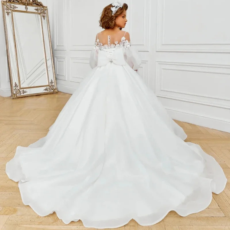 With Bow Long Sleeve For Wedding Birthday Evening Banquet Holy Communion Gowns Customized Flower Girl Dresses White Flowers