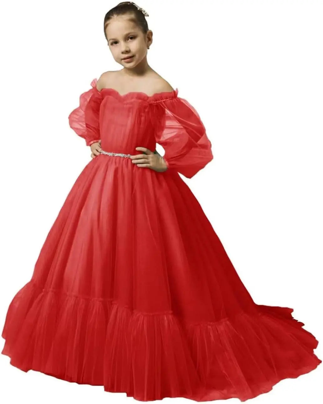 Vestidos de niña de las flores con mangas abullonadas para boda, vestidos de desfile de tul con hombros descubiertos, vestido de línea A para niña pequeña con cinturón, vestido para niña bebé 