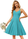 Chiffon V Neck Bridesmaid Dress with Pleated Bodice A Line Chiffon Short Prom Homecoming Dress for Women cocktail dresses