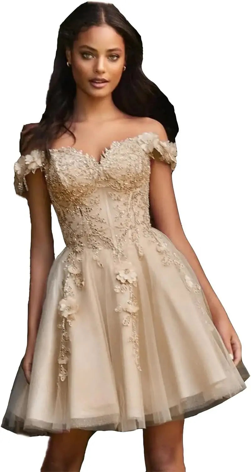 Vestidos de fiesta de tul con hombros descubiertos 2025, vestidos de fiesta cortos de encaje estilo princesa, vestidos de graduación 