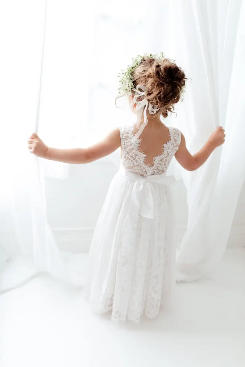 Boho Weißes Blumenmädchen Kleid, Rustikales Tüll Hochzeitskleid, Willst du mein Blumenmädchen Vorschlag sein, Boho Kleider Prinzessinnenkleid 
