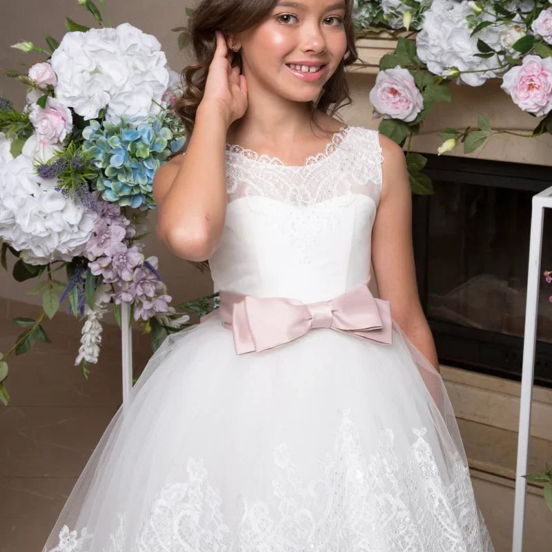 Apliques de encaje de tul blanco con cinturón de lazo rosa sin mangas para bodas, cumpleaños, banquetes, vestidos de princesa, vestidos de niña de las flores 