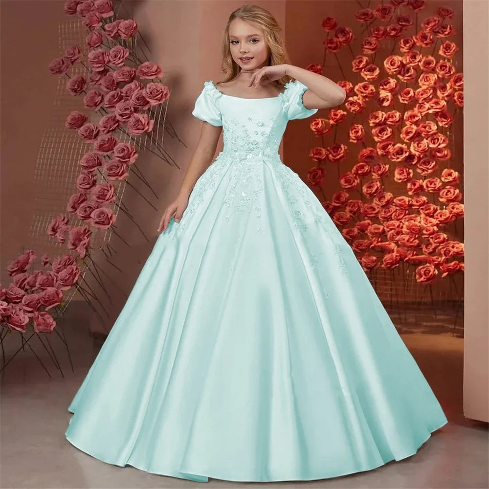 Vestido elegante de primera comunión para niña, largo hasta el suelo, para fiesta de cumpleaños infantil, 2026, para boda, de satén con cuentas y flores. 