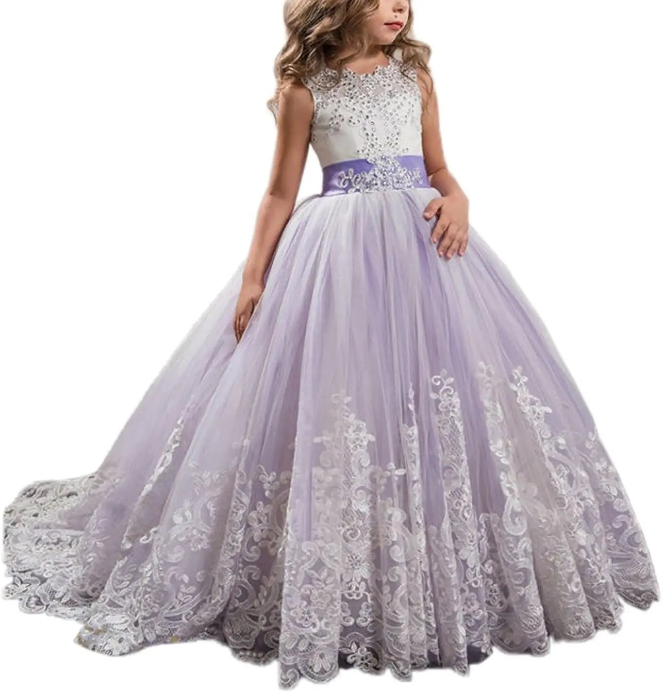 Princess Lilac Long Girls Pageant Dresses Kids Prom Puffy Tulle Ball Gown flower girl dress girls dresses for party and wedding