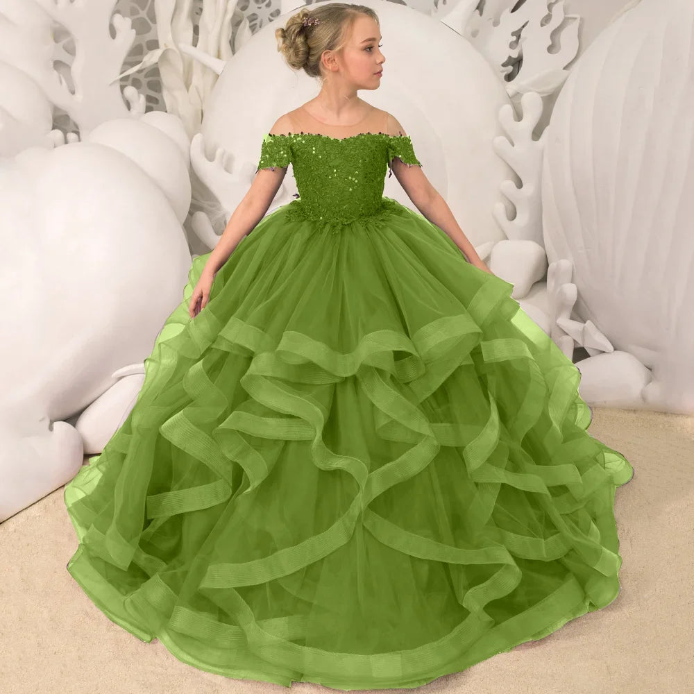 Grape Purple Floral Appliques Tiered With Trailing For Wedding Birthday Party Banquet Gown Customized Flower Girl Dresses