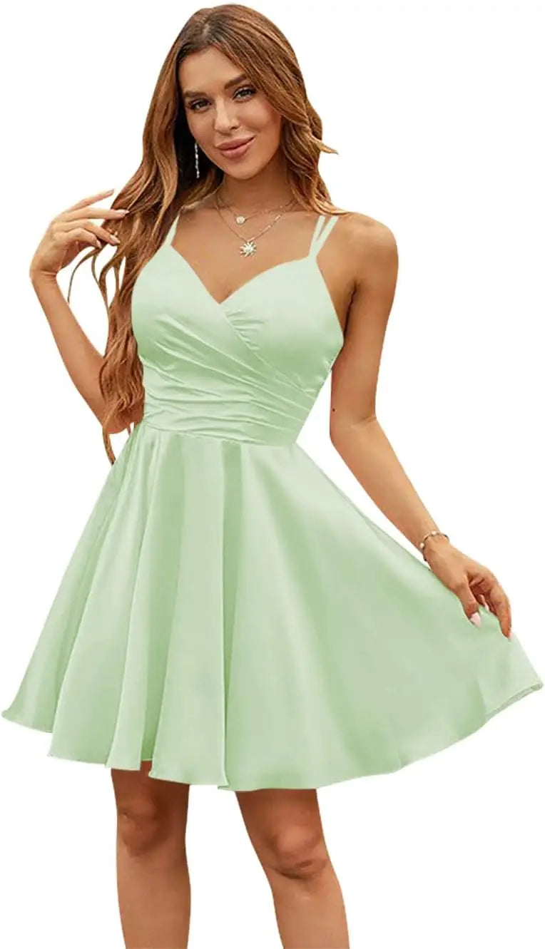 Vestidos de satén con escote en V para adolescentes, vestidos cortos de fiesta de graduación, tirantes finos, vestidos de cóctel con bolsillos, vestidos de dama de honor 