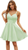 Vestidos de satén con escote en V para adolescentes, vestidos cortos de fiesta de graduación, tirantes finos, vestidos de cóctel con bolsillos, vestidos de dama de honor 