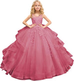 Tüll Prinzessin Ärmellose Festzugskleider Lange Spitze Applique Blumenmädchen Kleid Kinder Geburtstagsparty Ballkleid Festzugskleider 