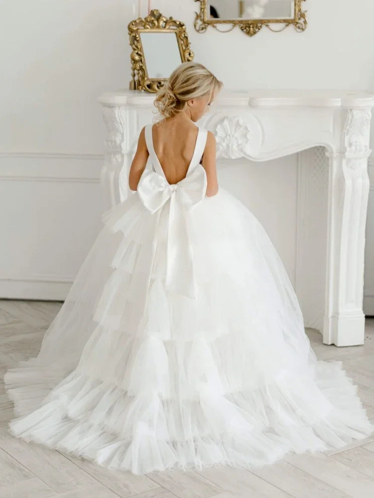 Vestidos de primera comunión para banquete de cumpleaños, personalizados, de tul blanco con capas y lazo, sin mangas, para boda 