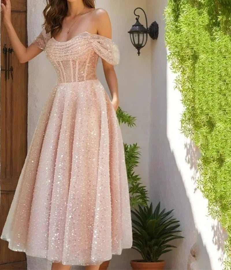 Sparkly Tulle Prom Dresses for Women Off Shoulder Pleated Formal Evening Party Gowns