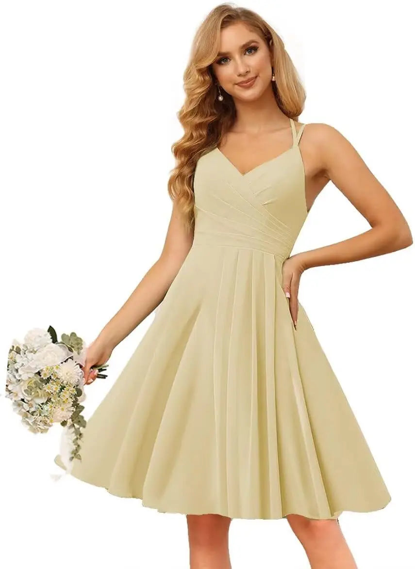 Chiffon V Neck Bridesmaid Dress with Pleated Bodice A Line Chiffon Short Prom Homecoming Dress for Women cocktail dresses