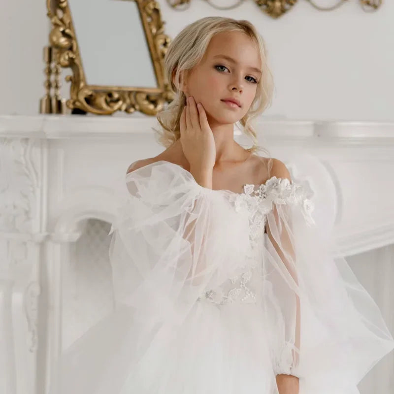 Birthday Party First Communion Gowns Flower Girl Dresses White Tulle Puffy Flower Pattern With Bow Long Sleeve For Wedding