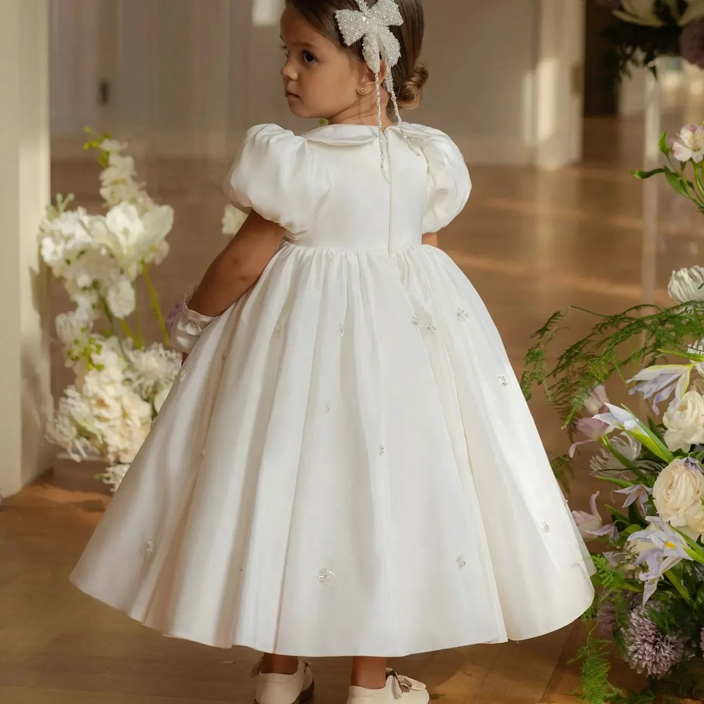 Vestido de desfile para boda, de satén con cuentas, largo hasta los tobillos, estilo princesa, para fiesta de cumpleaños, primera comunión, blanco, para niña de las flores 