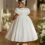 Vestido de desfile para boda, de satén con cuentas, largo hasta los tobillos, estilo princesa, para fiesta de cumpleaños, primera comunión, blanco, para niña de las flores 