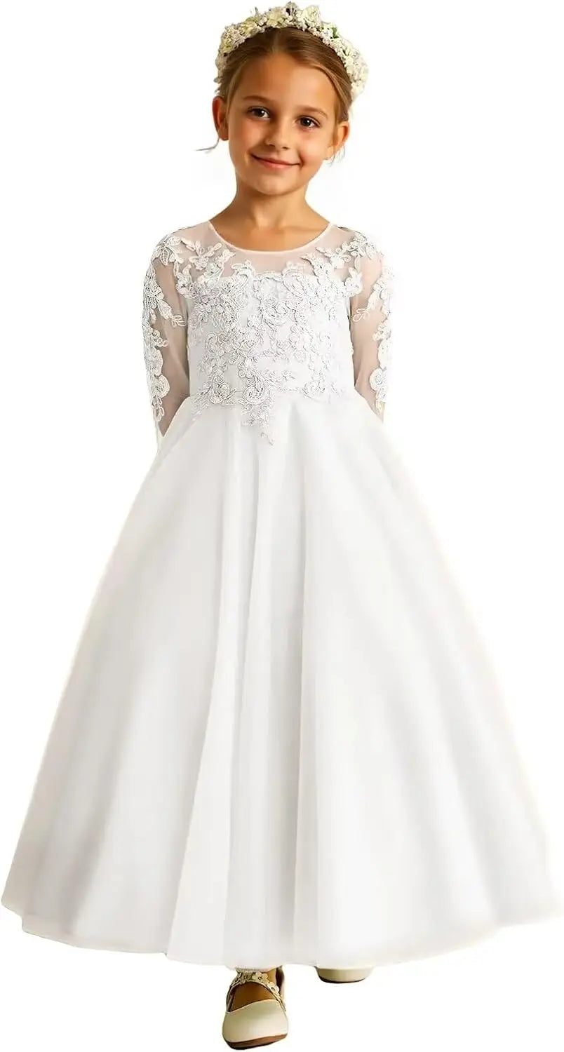 Tulle Lace Appliques Flower Girl Dresses for Wedding Long Sleeve Pageant Dress First Communion Dresses for Girls