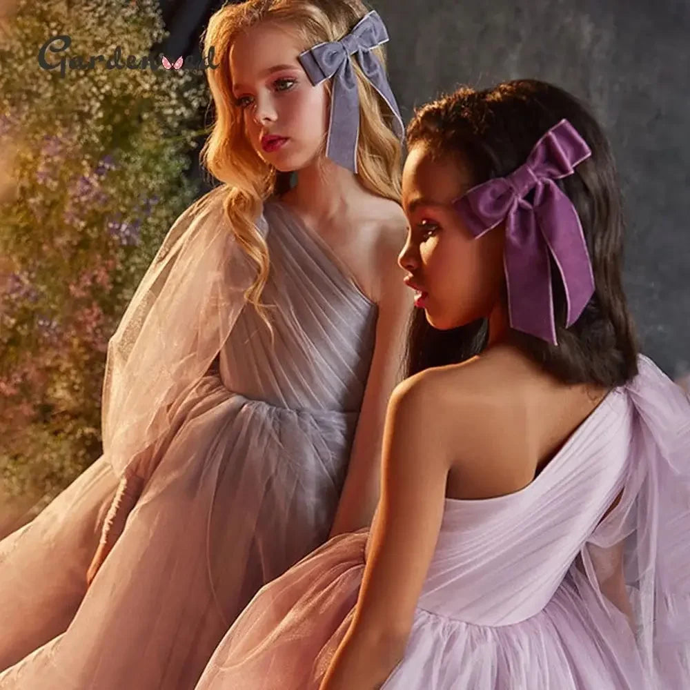 Tulle One Shoulder Floor Length Elegant Girl Kids Birthday Party First Holy Communion Gowns Pink Flower Girl Dresses for Wedding