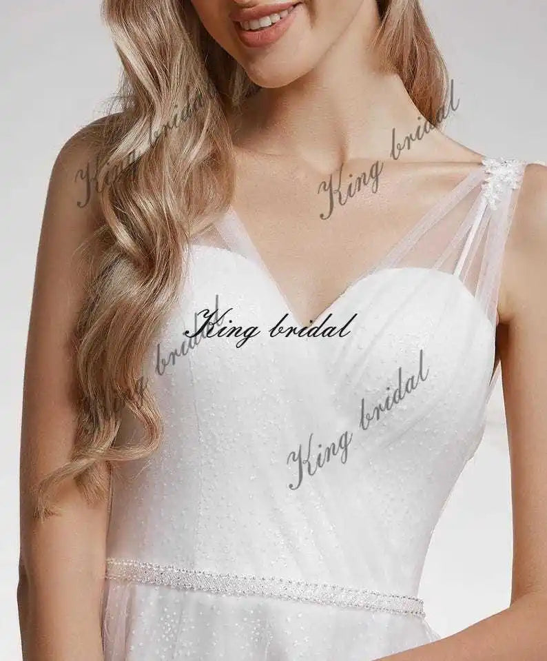 Vestido de novia de tul con puntos y purpurina personalizado, vestidos de novia de tul brillante, elegantes vestidos de novia con corsé, vestido de novia drapeado personalizado. 