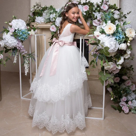 Apliques de encaje de tul blanco con cinturón de lazo rosa sin mangas para bodas, cumpleaños, banquetes, vestidos de princesa, vestidos de niña de las flores 