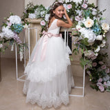 Apliques de encaje de tul blanco con cinturón de lazo rosa sin mangas para bodas, cumpleaños, banquetes, vestidos de princesa, vestidos de niña de las flores 