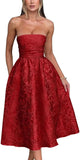 Vestido de fiesta de satén jacquard floral, largo hasta la rodilla, corte A, sin tirantes, con corsé, para dama de honor, para fiesta de noche formal 