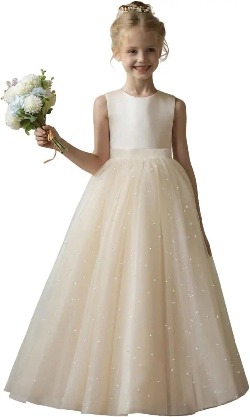 Flower Girl Dresses for Wedding Puffy Satin Tulle Princess Pageant Dress for Girls Crew Neck Tulle Bow Prom Ball Gowns