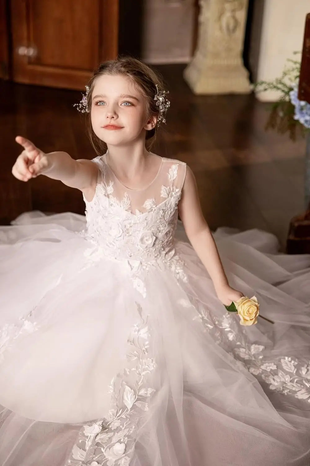 Vestidos de tul para niña de las flores para boda, vestido de primera comunión, vestido de dama de honor de encaje para niña, vestido de fiesta de desfile 