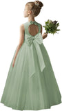 Flower Girl Dresses for Wedding Puffy Satin Tulle Princess Pageant Dress for Girls Crew Neck Tulle Bow Prom Ball Gowns