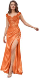Elegant Satin Prom Dresses for Women Long 2025 3D Flower Lace Applique Off Shoulder Formal Evening Wedding Party Gown with Slit