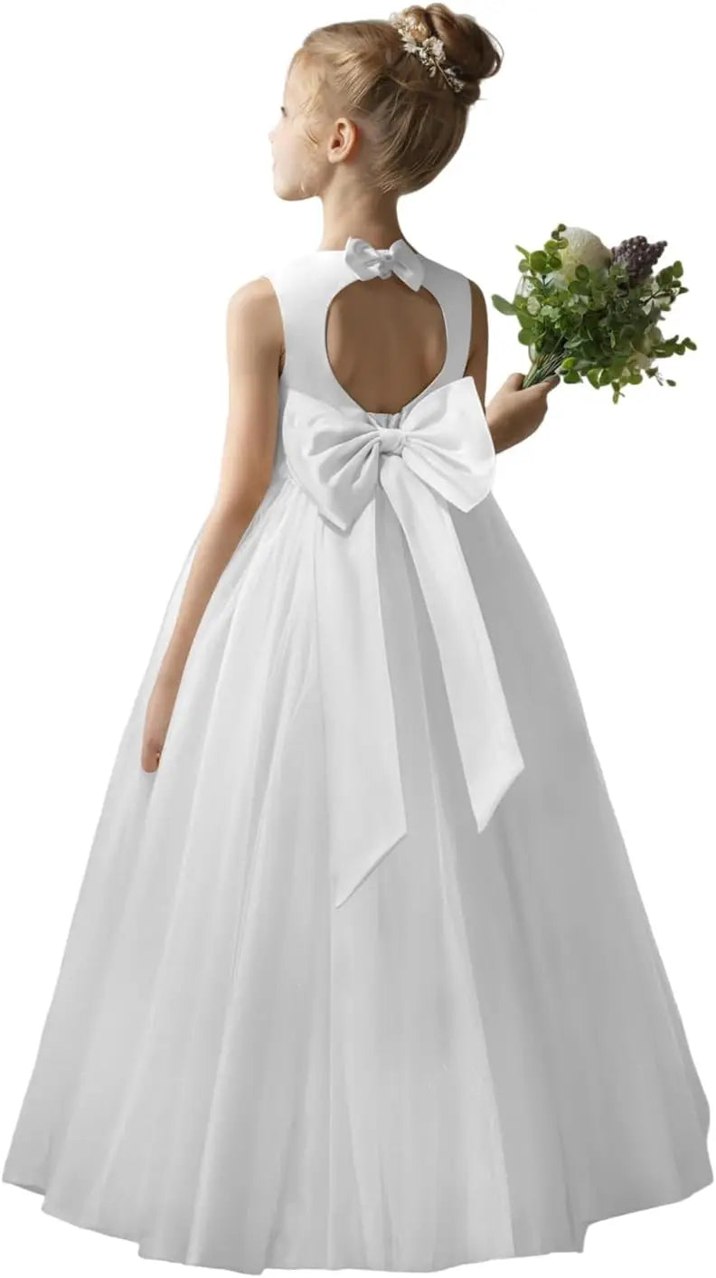 Flower Girl Dresses for Wedding Puffy Satin Tulle Princess Pageant Dress for Girls Crew Neck Tulle Bow Prom Ball Gowns