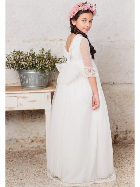 Vestidos de princesa con lazo blanco y media manga para bodas, cumpleaños, comuniones, banquetes, vestidos de niña de las flores con apliques de encaje blanco. 