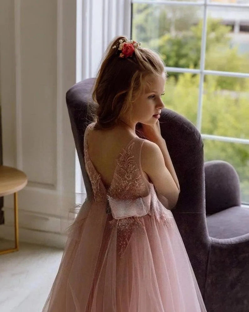 Vestido de tul con encaje para niña pequeña, para boda, con cola, para cumpleaños de niña, vestidos para niñas pequeñas para fiesta y boda, vestido de niña de flores color ruborizado 