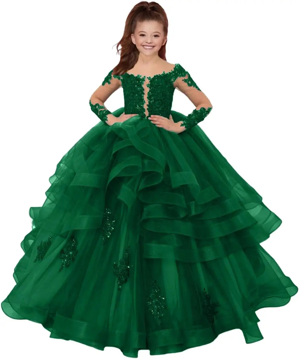 Custom made Princess Long Sleeve Flower Girl Dresses Appliques Ruffles Tulle Pageant Dresses for Girls Kids Party Ball Gowns
