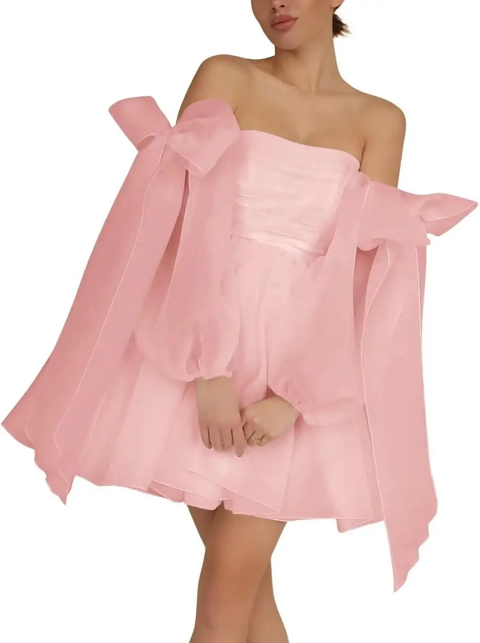 Vestidos de fiesta de organza con hombros descubiertos y lazo, de manga larga, para graduación, de corte A, formales, para cóctel o fiesta. 