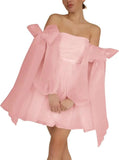 Vestidos de fiesta de organza con hombros descubiertos y lazo, de manga larga, para graduación, de corte A, formales, para cóctel o fiesta. 