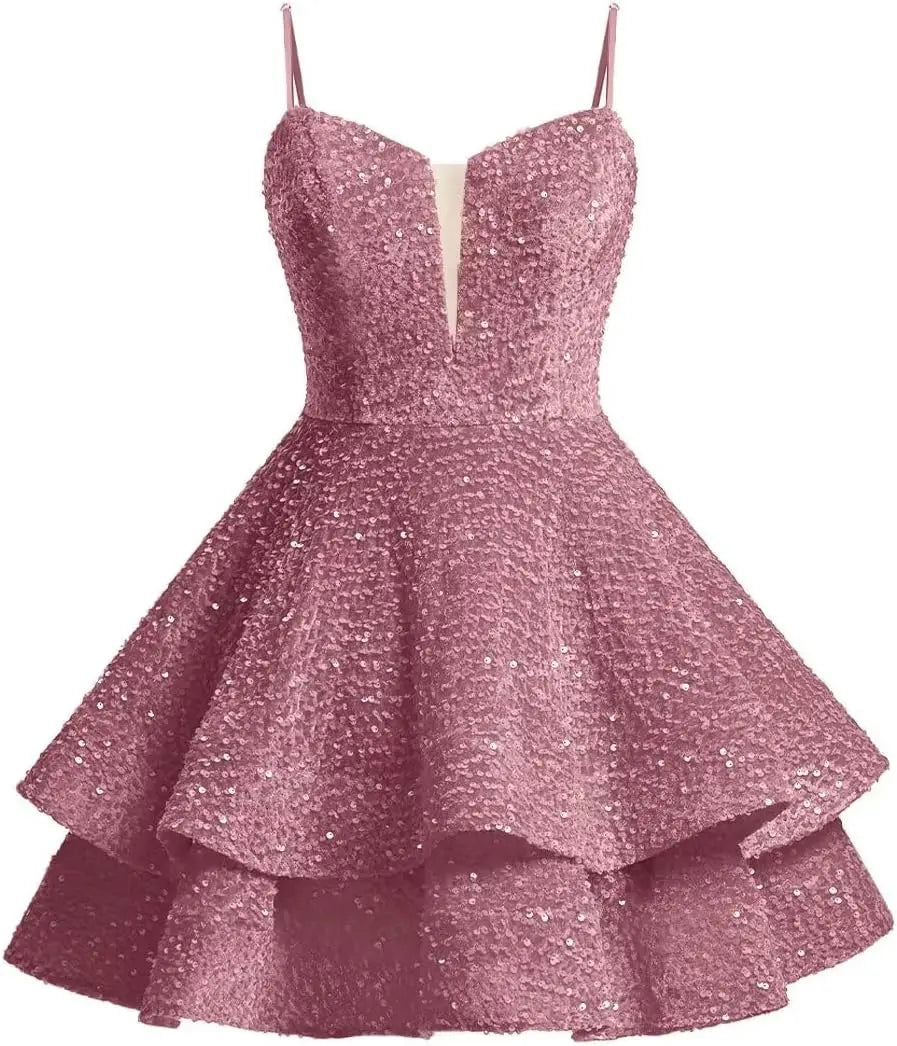 Vestidos de fiesta cortos con lentejuelas brillantes para adolescentes, de Pretty Girls Club, 2025, con tirantes finos, minivestido de cóctel formal con capas 