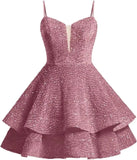 Vestidos de fiesta cortos con lentejuelas brillantes para adolescentes, de Pretty Girls Club, 2025, con tirantes finos, minivestido de cóctel formal con capas 