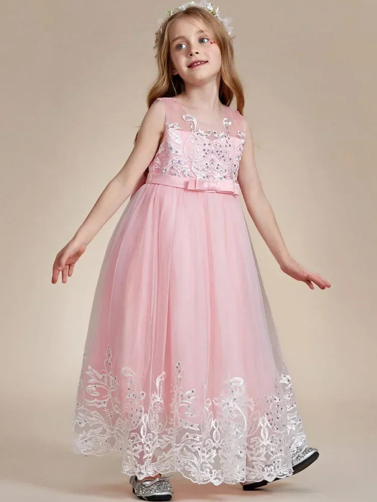 Pink Sequin White Appliques With Bow Sleeveless For Wedding Birthday Party Holy Communion Gowns Flower Girl Dresses