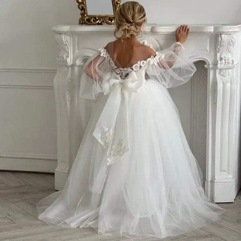 Birthday Party First Communion Gowns Flower Girl Dresses White Tulle Puffy Flower Pattern With Bow Long Sleeve For Wedding