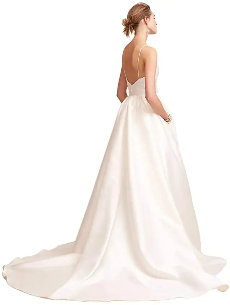 Women's Straps Backless Long Dresses Satin Sleeveless Train Homecoming Prom Evening Party Gowns with Pockets bridal dress