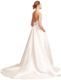 Women's Straps Backless Long Dresses Satin Sleeveless Train Homecoming Prom Evening Party Gowns with Pockets bridal dress