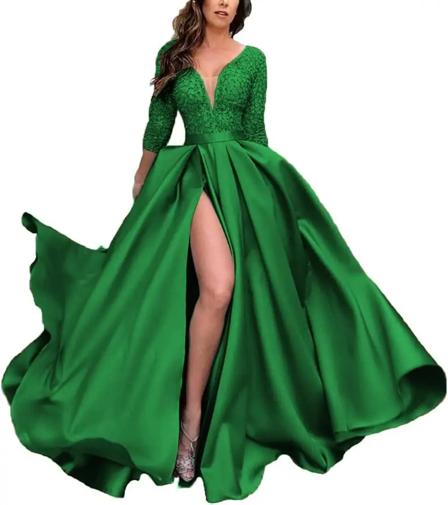 Deep V-Neck Satin Prom Dress for Women, 3/4 Sleeve Formal Evening Gown with Pockets, Elegant Party Dress