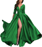 Deep V-Neck Satin Prom Dress for Women, 3/4 Sleeve Formal Evening Gown with Pockets, Elegant Party Dress
