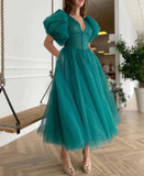 Puffy Sleeve Prom Dresses for Women Dotted Tulle V Neck Formal Evening Party Gowns Tea Length Bridesmaid Dresses